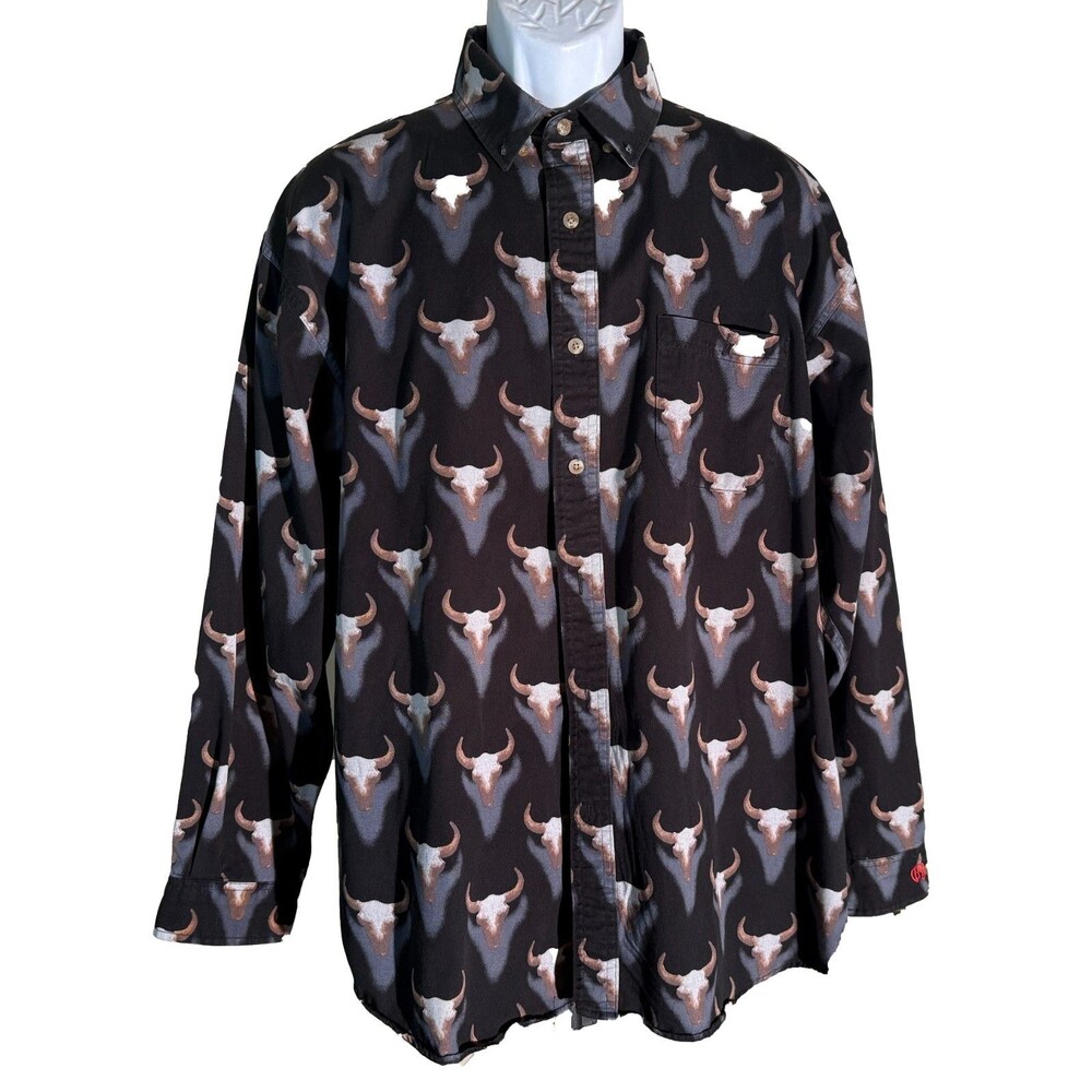 Barn Fly Men's Long Sleeve Button‎ Down Cow Skull Shirt Black Large